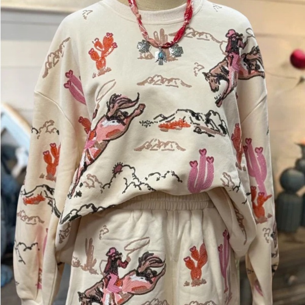 Western Cowgirl Themed Cream Sweatshirt and Shorts Set